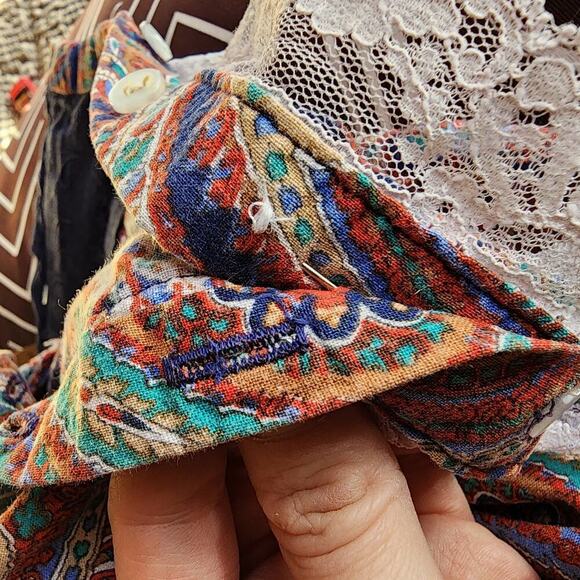 Vtg Handmade Ruffle Paisley Colorful Frill Whimsi Pocket Lace Button Up Skirt - Picture 8 of 8